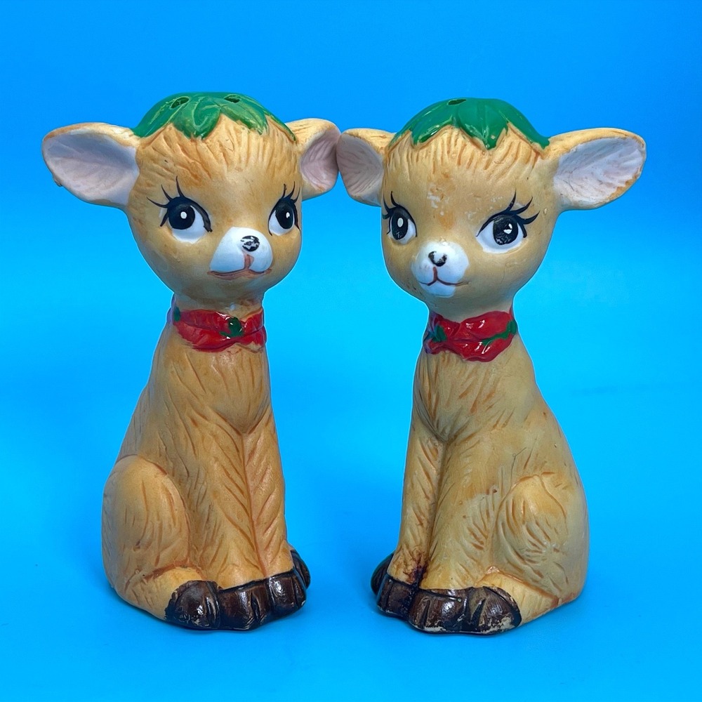 Vintage Fawn Deer‎ Salt & Pepper Shakers Brown Holiday MCM Kitsch Reindeer